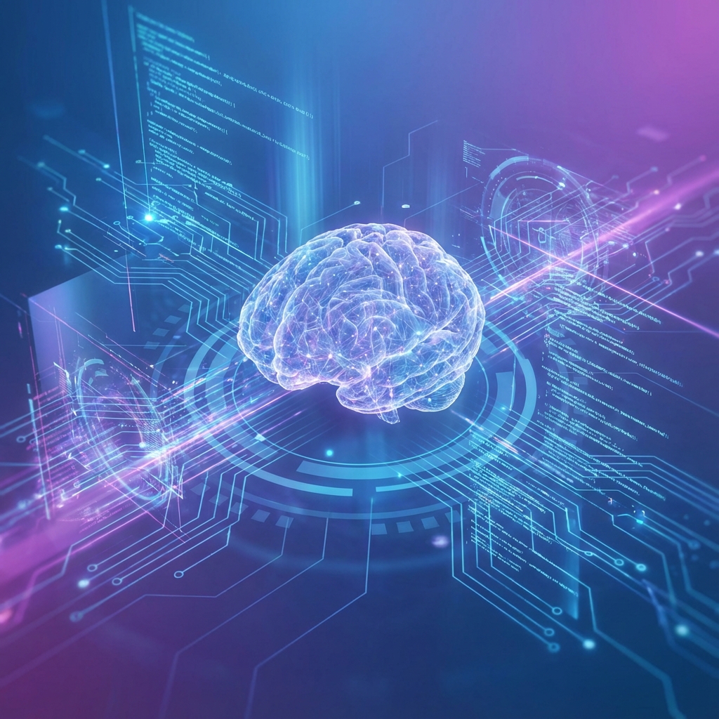 Illustration of an AI digital brain with circuits and code